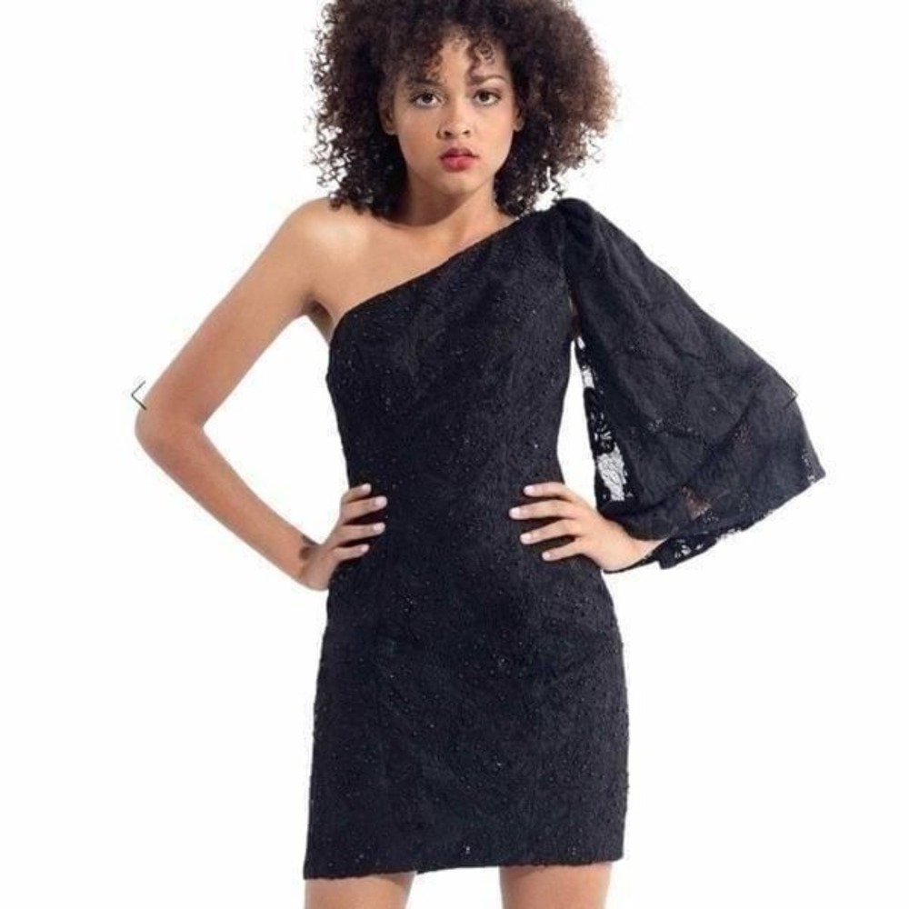 Rachel‎ Allan Lace One Shoulder Mini Dress Cocktail Evening Party Black Size 14